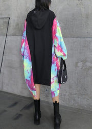 DIY black patchwork print clothes o neck asymmetric shift Dresses - SooLinen