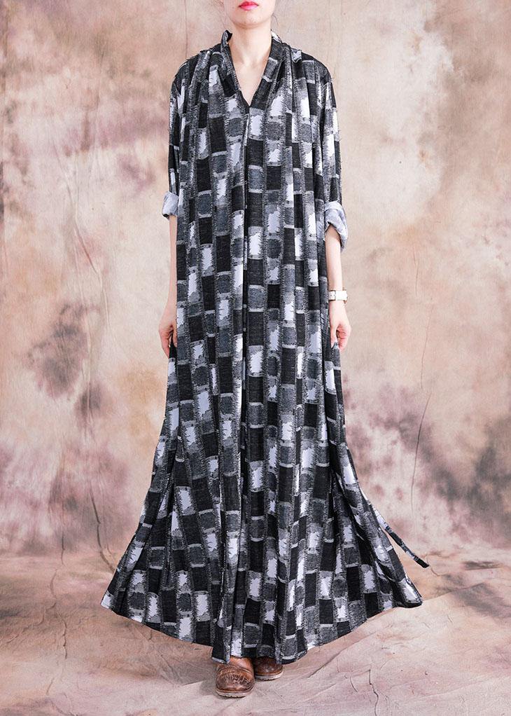 DIY black patchwork white linen Wardrobes v neck asymmetric long fall Dress - SooLinen