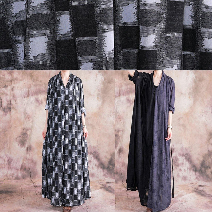 DIY black patchwork white linen Wardrobes v neck asymmetric long fall Dress - SooLinen