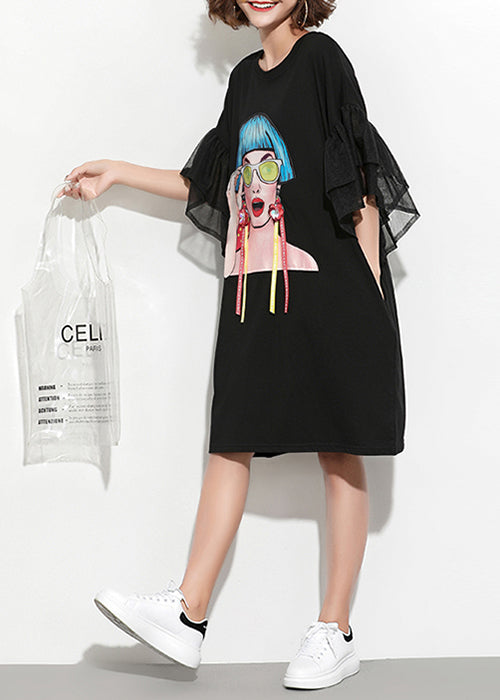 DIY black print Cotton Tunics Fun Inspiration o neck Butterfly Sleeve daily Summer Dress