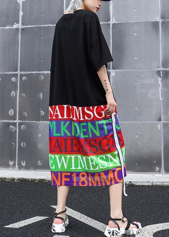 DIY black print Cotton Tunics patchwork o neck summer Dresses - SooLinen