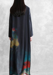 DIY black print Robes stand collar Chinese Button Dress - SooLinen