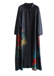 DIY black print Robes stand collar Chinese Button Dress - SooLinen