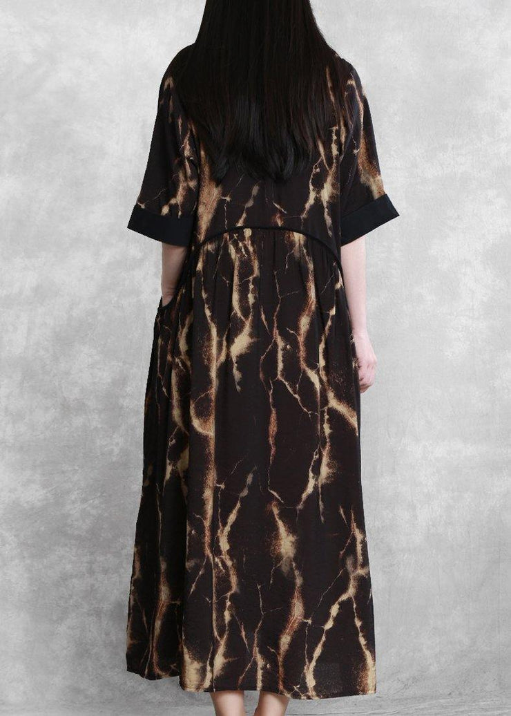 DIY black print clothes For Women o neck pockets robes summer Dress - SooLinen