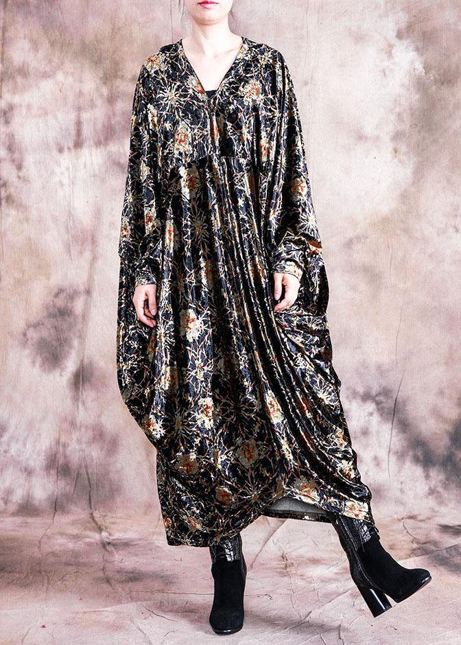 DIY black print dresses v neck asymmetric Art fall Dress - SooLinen