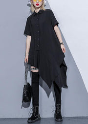 DIY black silk Cotton Tunics lapel asymmetric cotton summer shirt Dresses - SooLinen