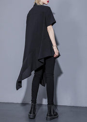 DIY black silk Cotton Tunics lapel asymmetric cotton summer shirt Dresses - SooLinen