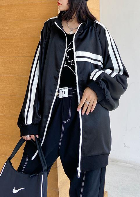 DIY black striped Fine tunic pattern Inspiration stand collar zippered  outwear - SooLinen