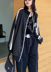 DIY black striped Fine tunic pattern Inspiration stand collar zippered  outwear - SooLinen