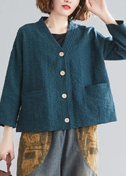 DIY blackish green cotton clothes For Women v neck pockets silhouette spring blouse - SooLinen