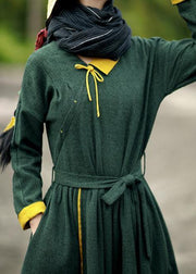 DIY blackish green quilting dresses v neck tie waist loose spring Dresses - SooLinen