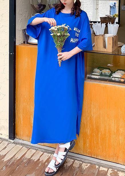 DIY blue alphabet prints cotton Tunics side open Art summer Dresses - SooLinen