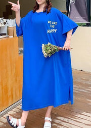DIY blue alphabet prints cotton Tunics side open Art summer Dresses - SooLinen