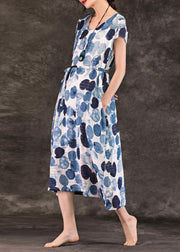 DIY blue dotted linen clothes For Women o neck tie waist Kaftan summer Dresses - SooLinen
