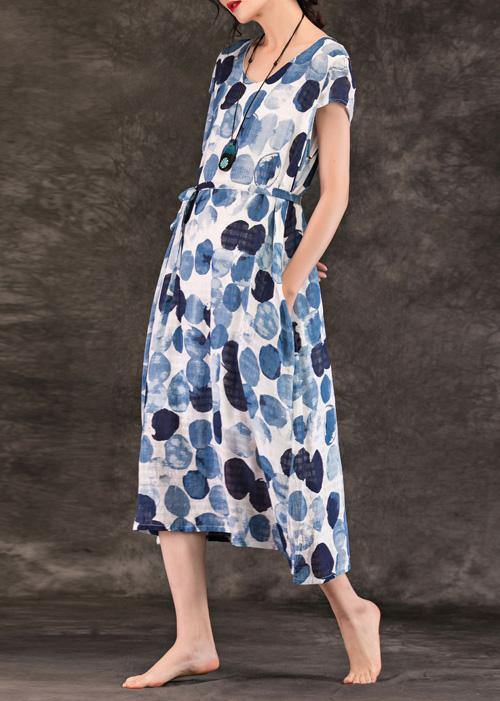 DIY blue dotted linen clothes For Women o neck tie waist Kaftan summer Dresses - SooLinen