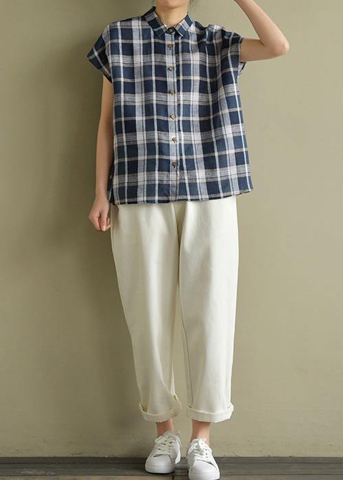 DIY blue gray Plaid linen clothes For Women lapel loose summer top - SooLinen