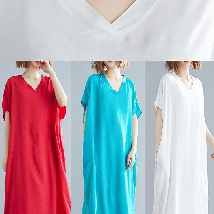 DIY blue green linen clothes For Women v neck pockets Maxi summer Dresses - SooLinen