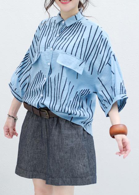 DIY blue half sleeve cotton Blouse asymmetric striped silhouette summer tops - SooLinen