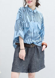 DIY blue half sleeve cotton Blouse asymmetric striped silhouette summer tops - SooLinen