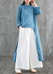 DIY blue linen Robes stand collar asymmetric Robe Dress - SooLinen