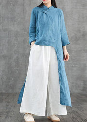 DIY blue linen Robes stand collar asymmetric Robe Dress - SooLinen