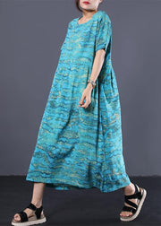 DIY blue linen dresses prints loose summer Dress - SooLinen