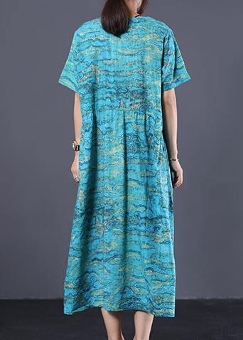 DIY blue linen dresses prints loose summer Dress - SooLinen