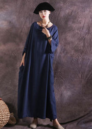 DIY blue loose waist linen cotton clothes For Women Batwing Sleeve long summer Dresses - SooLinen