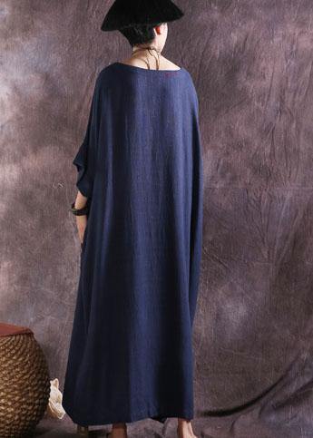 DIY blue loose waist linen cotton clothes For Women Batwing Sleeve long summer Dresses - SooLinen