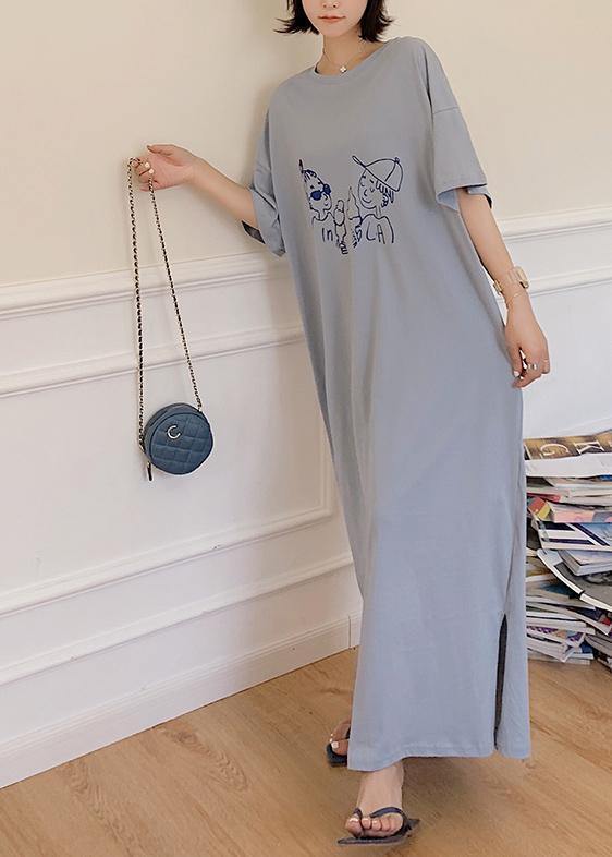 DIY blue o neck cotton tunic dress side open Plus Size Dresses - SooLinen