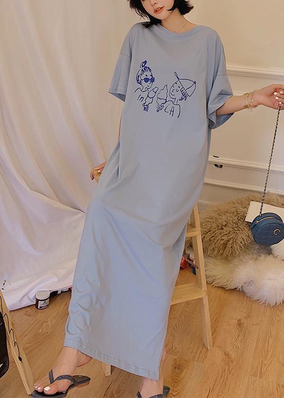 DIY blue o neck cotton tunic dress side open Plus Size Dresses - SooLinen