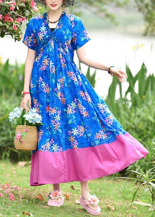 DIY blue print cotton tunic pattern v neck patchwork cotton robes summer Dresses - SooLinen