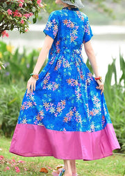 DIY blue print cotton tunic pattern v neck patchwork cotton robes summer Dresses - SooLinen