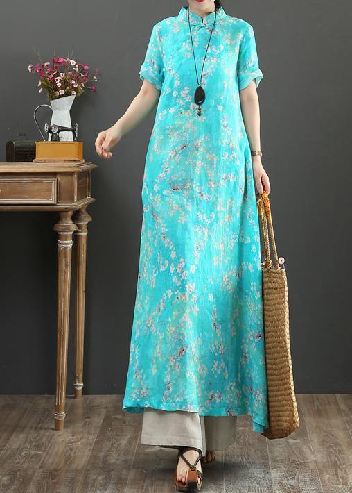 DIY blue print linen Robes stand collar Chinese Button Love summer Dress - SooLinen
