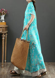 DIY blue print linen Robes stand collar Chinese Button Love summer Dress - SooLinen