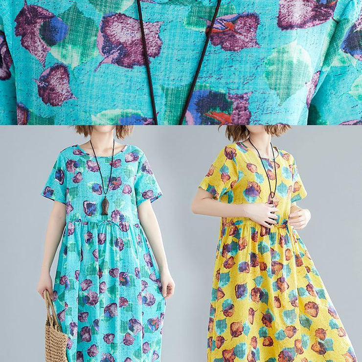 DIY blue print linen quilting clothes Fitted Wardrobes o neck patchwork A Line Summer Dress - SooLinen