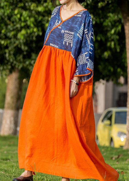 DIY blue print patchwork orange linen Robes v neck cotton summer Dresses - SooLinen