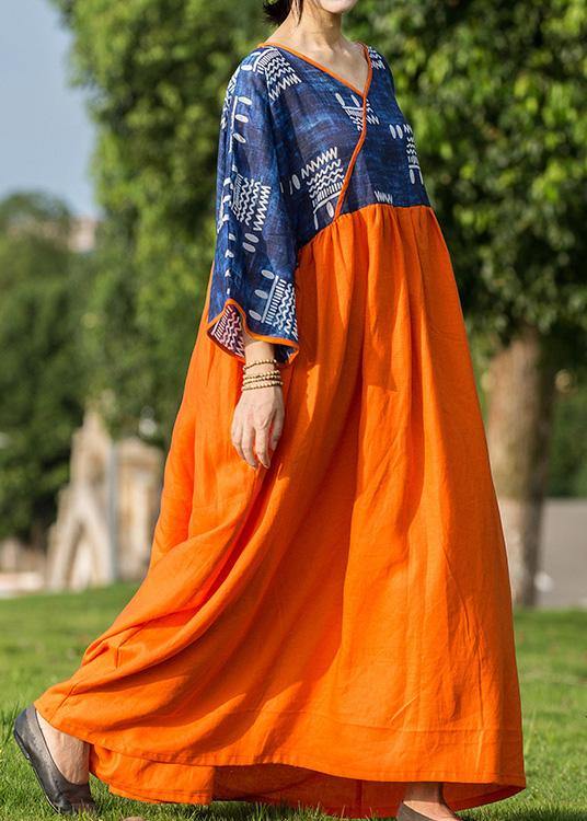 DIY blue print patchwork orange linen Robes v neck cotton summer Dresses - SooLinen
