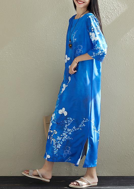 DIY blue prints silk clothes For Women Stitches Wardrobes side open Plus Size Dresses - SooLinen