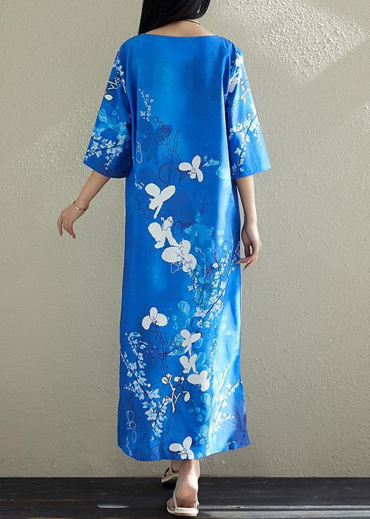 DIY blue prints silk clothes For Women Stitches Wardrobes side open Plus Size Dresses - SooLinen