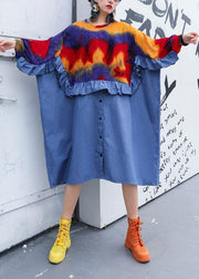 DIY blue ruffles cotton dresses patchwork Plus Size fall Dresses - SooLinen