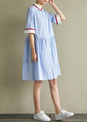 DIY blue striped Cotton clothes lapel half sleeve baggy summer Dress - SooLinen