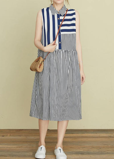 DIY blue striped Robes lapel sleeveless Kaftan summer Dress - SooLinen