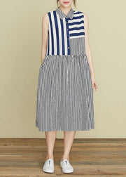 DIY blue striped Robes lapel sleeveless Kaftan summer Dress - SooLinen