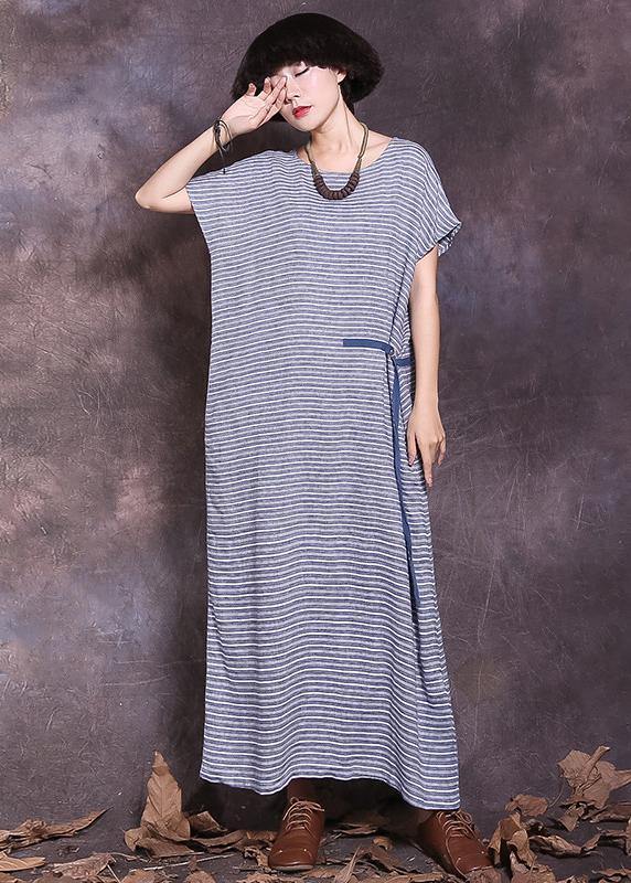 DIY blue striped cotton linen Robes tie waist Maxi summer Dress - SooLinen