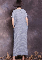 DIY blue striped cotton linen Robes tie waist Maxi summer Dress - SooLinen
