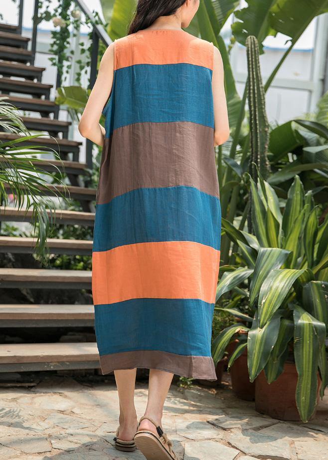 DIY blue striped linen clothes For Women o neck Sleeveless Art summer Dresses - SooLinen