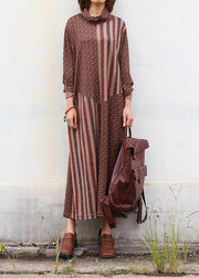 DIY brown cotton clothes high neck Traveling patchwork Dress - SooLinen