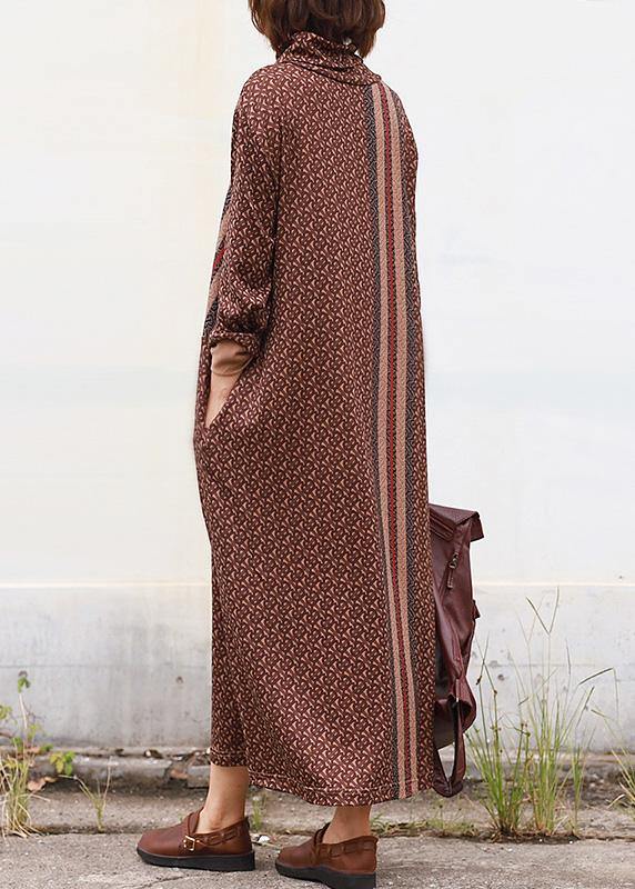 DIY brown cotton clothes high neck Traveling patchwork Dress - SooLinen