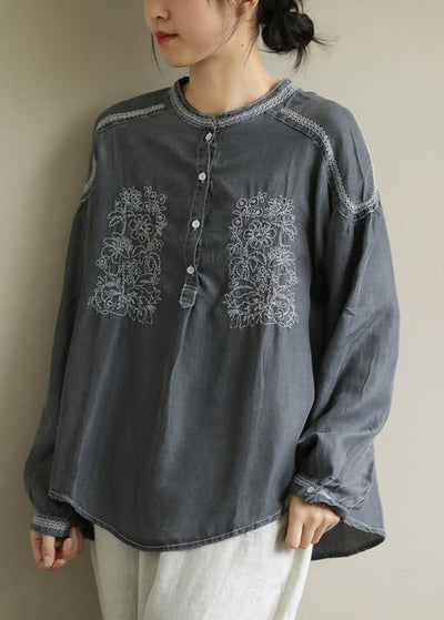 DIY dark gray Shirts o neck embroidery daily shirt - SooLinen